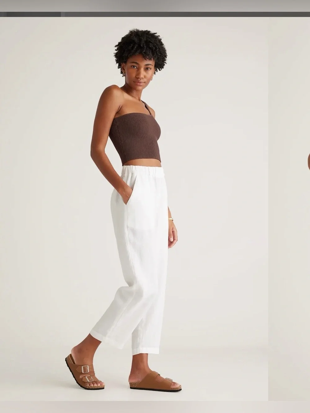 Quince 100% European Linen White Elastic-Waist Slim Crop Pants Size L